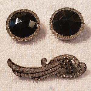 Vintage Jet & Rhinestone Clip On Earrings & Pin